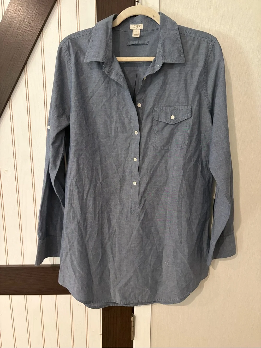 J.Crew Women's Blue Chambray 1/2Button Front Long Sleeve Tunic Shirt Top Medium